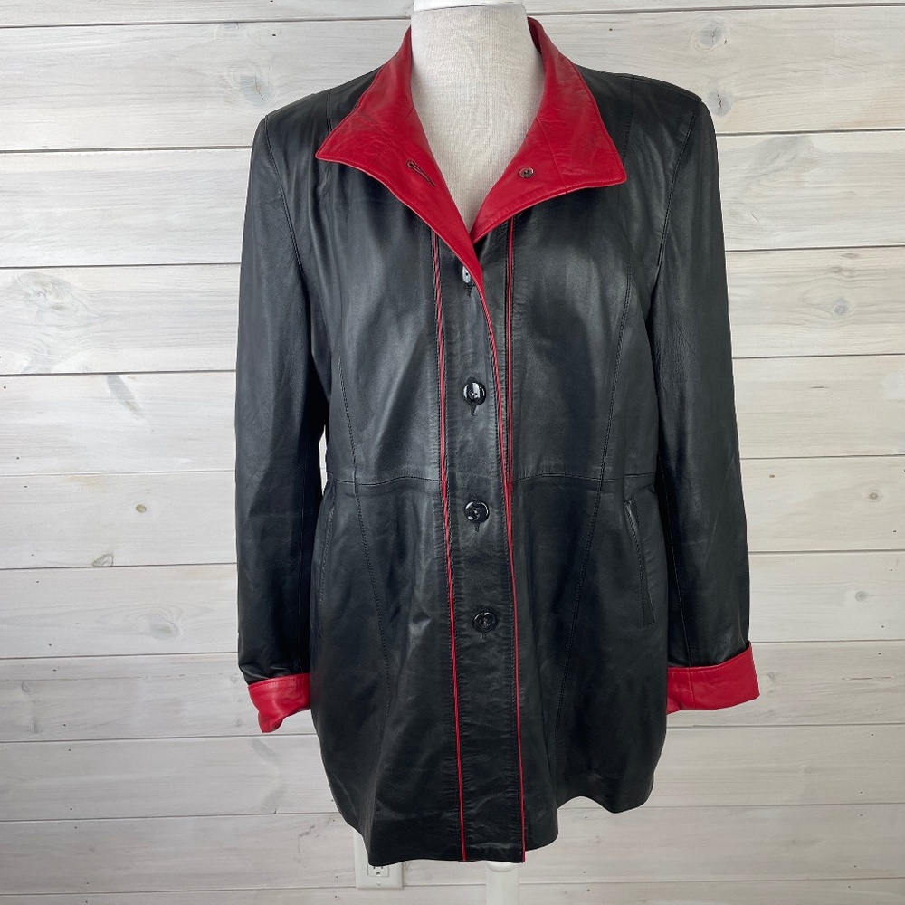 Vintage Calisyo Men's Black Leather Jacket Coat Red Trim